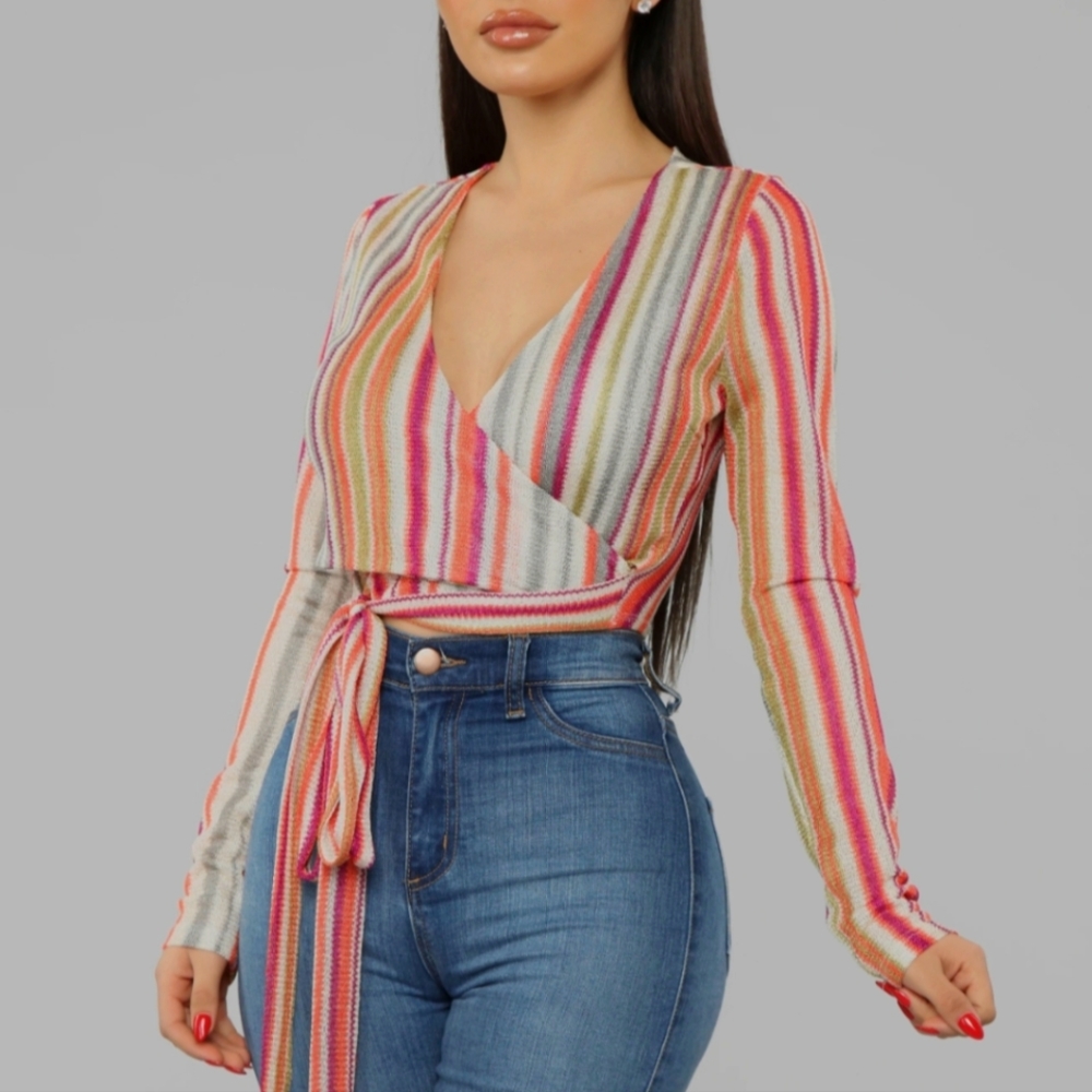 Fashion Nova Multicolor Striped Wrap Top Size XL